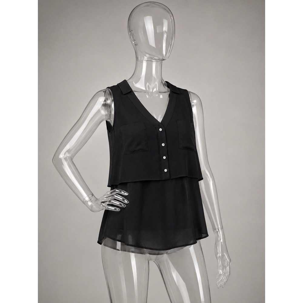 Candie's Women's Medium Black Layered Chiffon Blouse Rhinestone Button Y2K